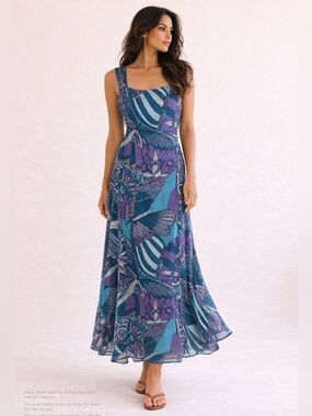 Vtg Mermaidcore Maxi Dress Abstract Butterfly Teal Purple Jacques Vert Sz 10